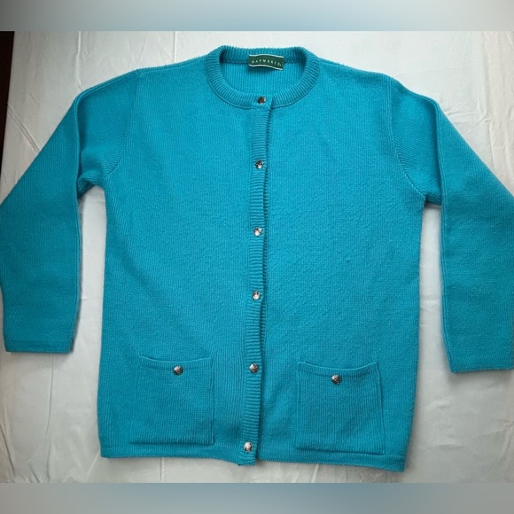 Vintage Haymaker Blue Preppy School Sweater Cardigan Designed Buttons Pockets - Picture 1 of 5